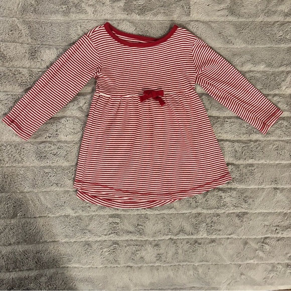 4T Red & White Striped Long Sleeve Shirt Dress, Bow, Organic Cotton - Picture 1 of 5